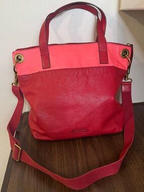 Fossil Keely Pebbled Leather Convertible Tote Satchel Purse Red & Coral